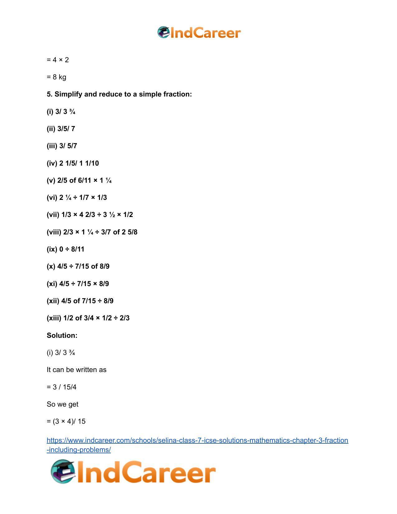 Selina Class 7 ICSE Solutions Mathematics : Chapter 3- Fraction (Including Problems) - Page 35