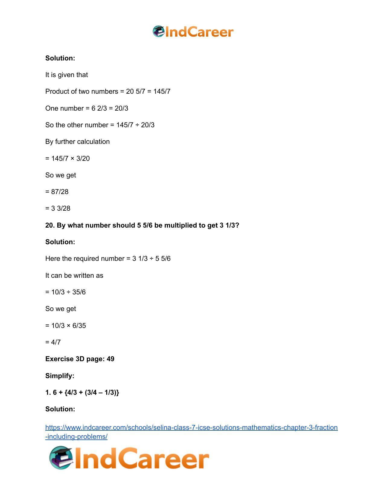 Selina Class 7 ICSE Solutions Mathematics : Chapter 3- Fraction (Including Problems) - Page 46