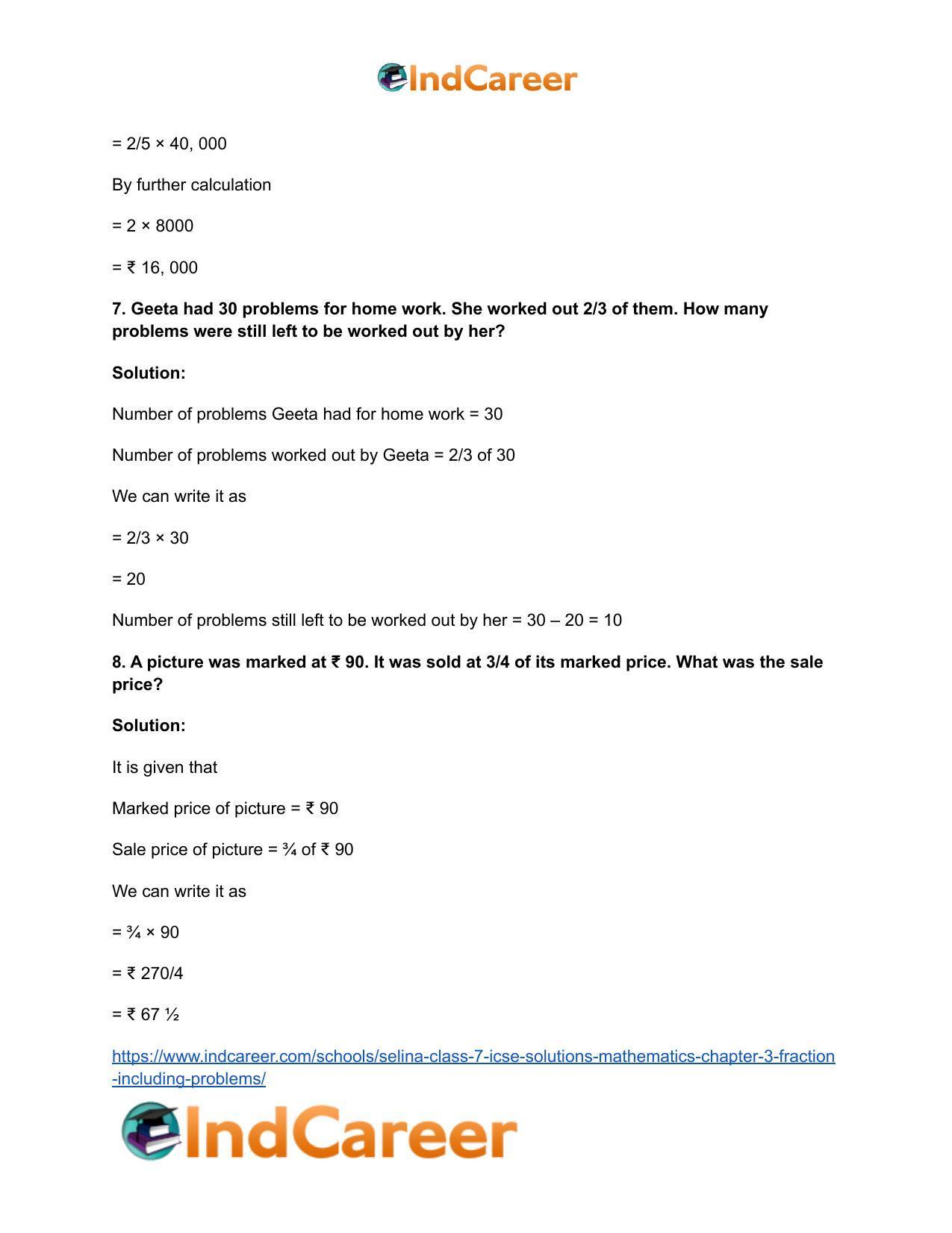Selina Class 7 ICSE Solutions Mathematics : Chapter 3- Fraction (Including Problems) - Page 59