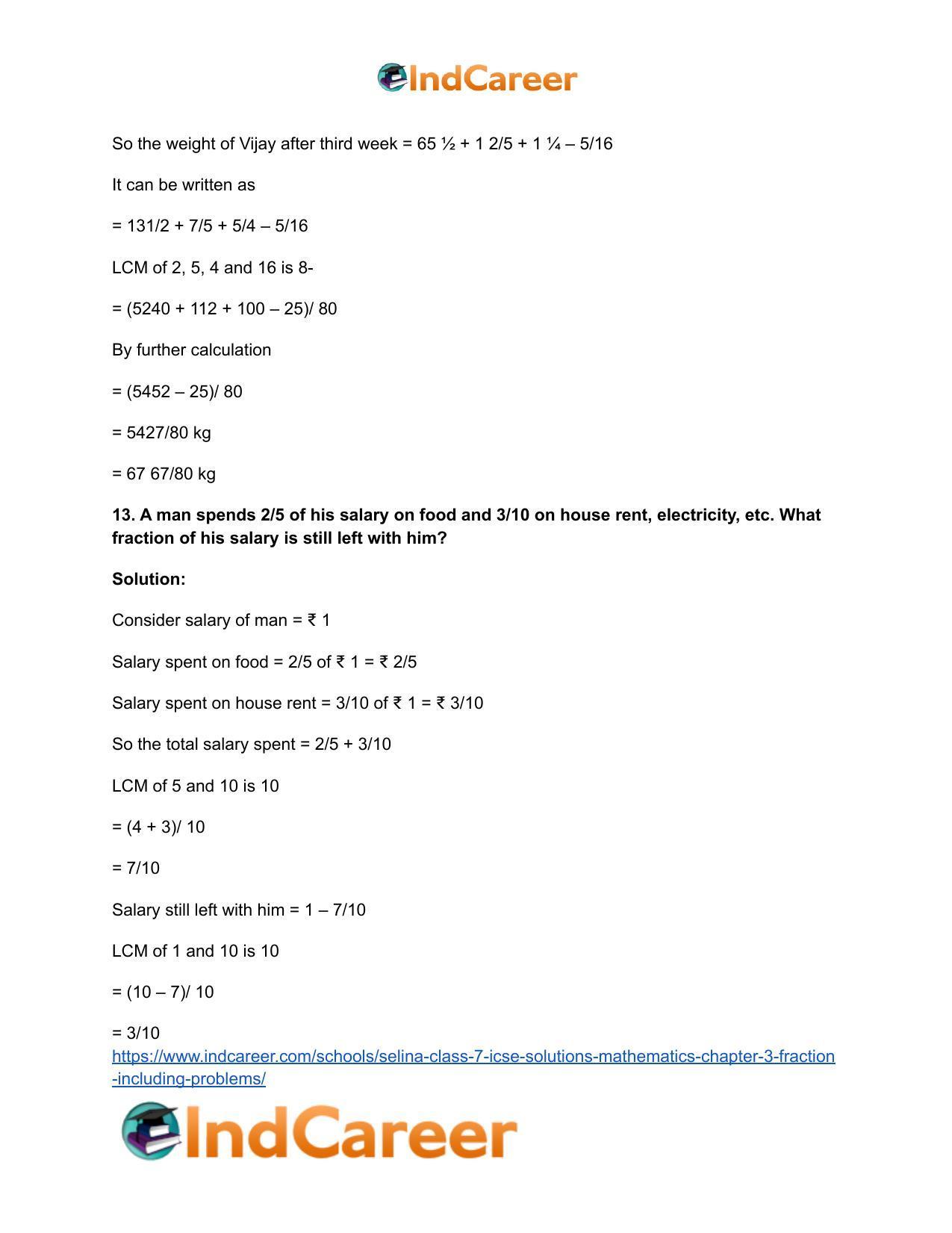 Selina Class 7 ICSE Solutions Mathematics : Chapter 3- Fraction (Including Problems) - Page 62