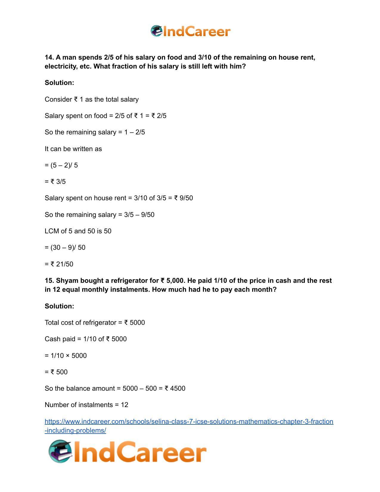 Selina Class 7 ICSE Solutions Mathematics : Chapter 3- Fraction (Including Problems) - Page 63
