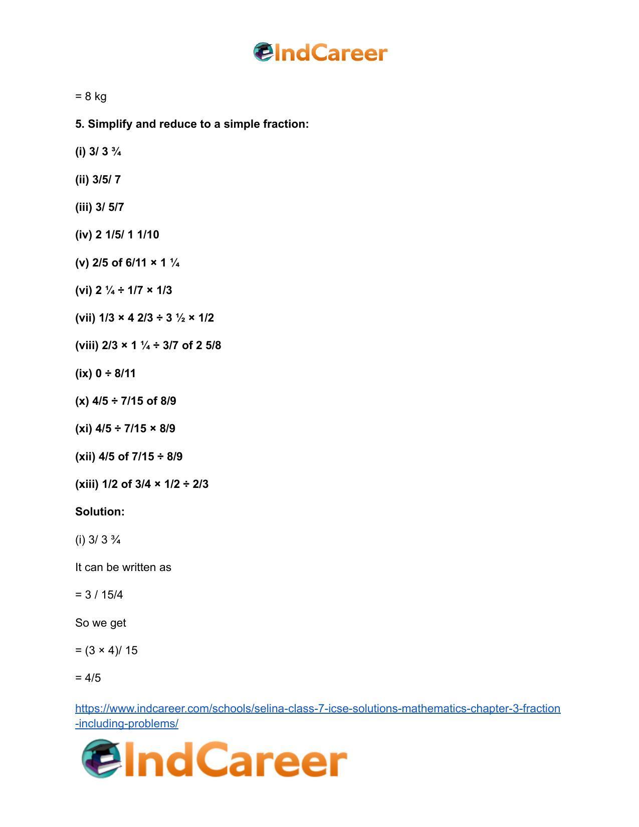 Selina Class 7 ICSE Solutions Mathematics : Chapter 3- Fraction (Including Problems) - Page 91