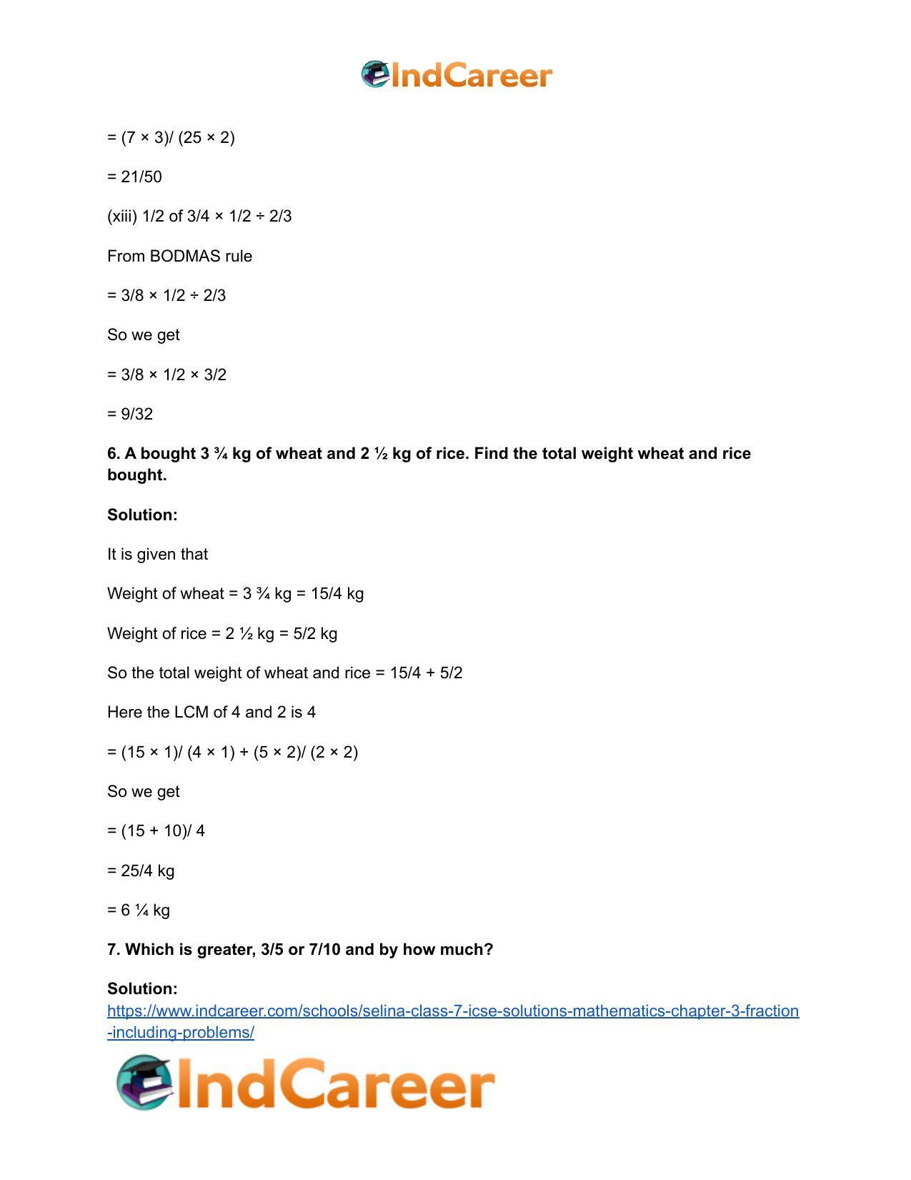 Selina Class 7 ICSE Solutions Mathematics : Chapter 3- Fraction (Including Problems) - Page 95