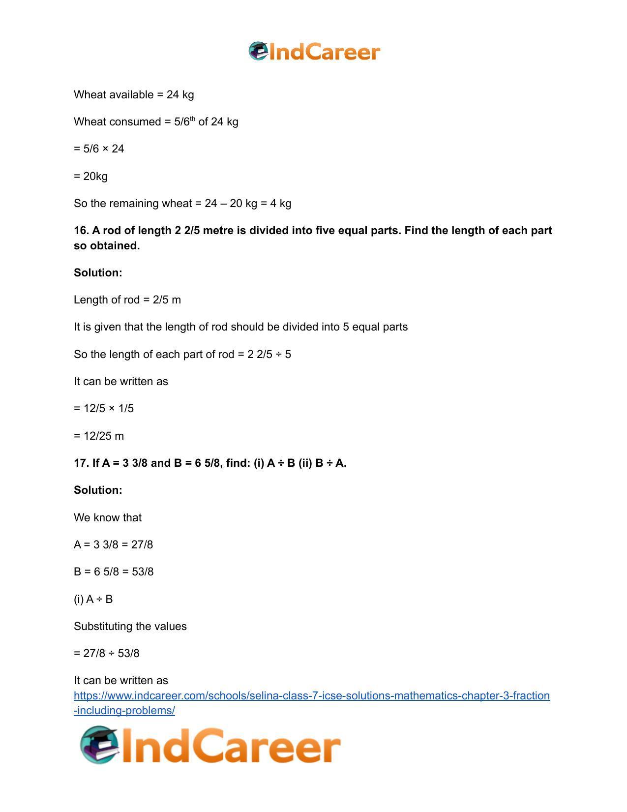 Selina Class 7 ICSE Solutions Mathematics : Chapter 3- Fraction (Including Problems) - Page 100
