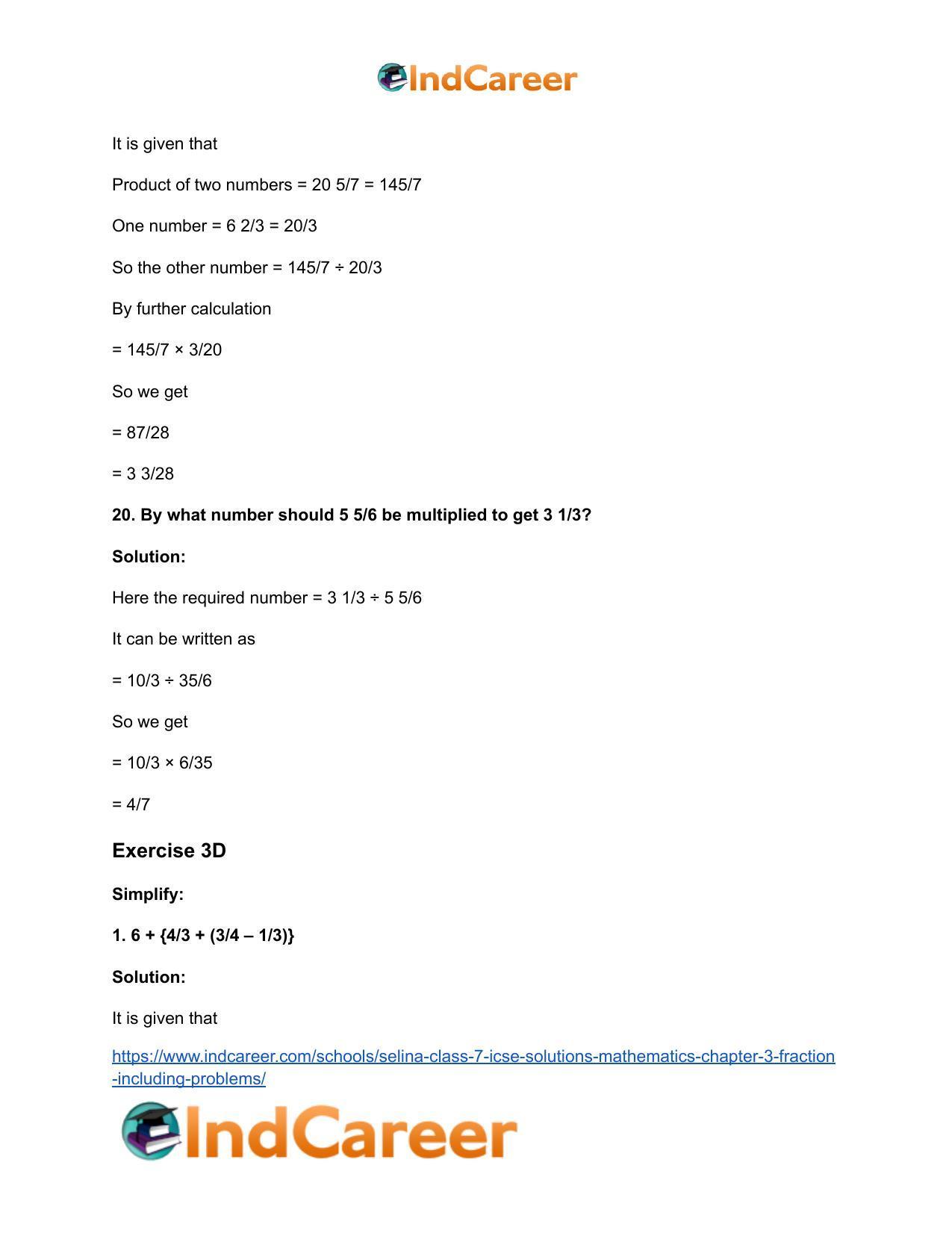 Selina Class 7 ICSE Solutions Mathematics : Chapter 3- Fraction (Including Problems) - Page 102
