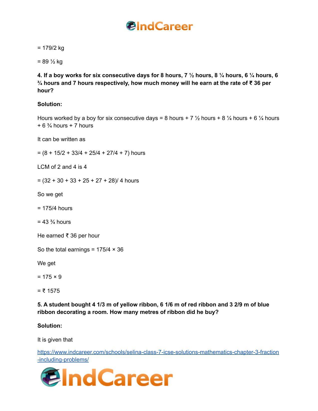 Selina Class 7 ICSE Solutions Mathematics : Chapter 3- Fraction (Including Problems) - Page 113