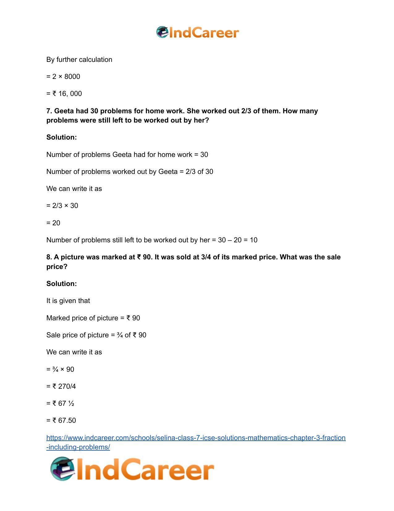 Selina Class 7 ICSE Solutions Mathematics : Chapter 3- Fraction (Including Problems) - Page 115