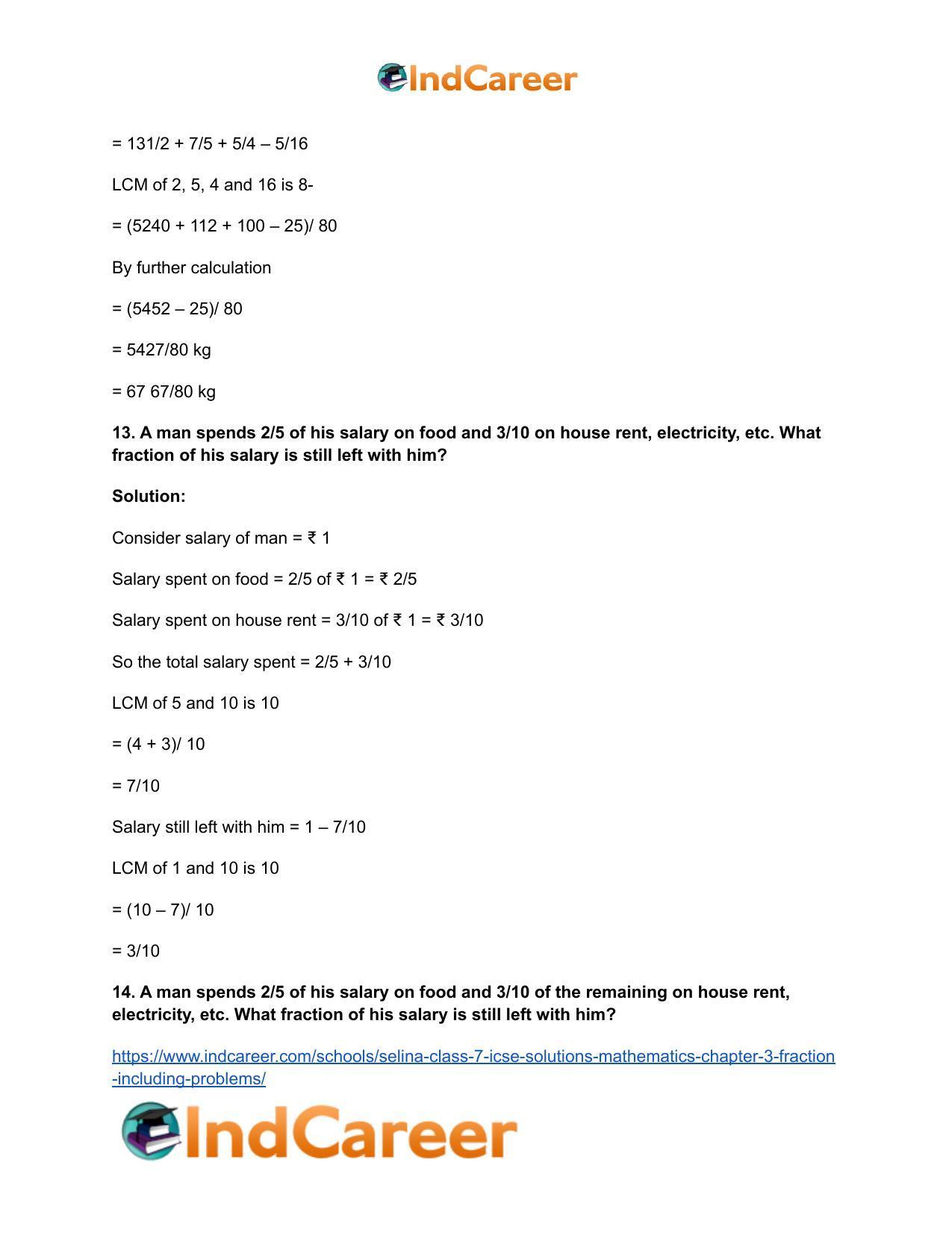 Selina Class 7 ICSE Solutions Mathematics : Chapter 3- Fraction (Including Problems) - Page 118