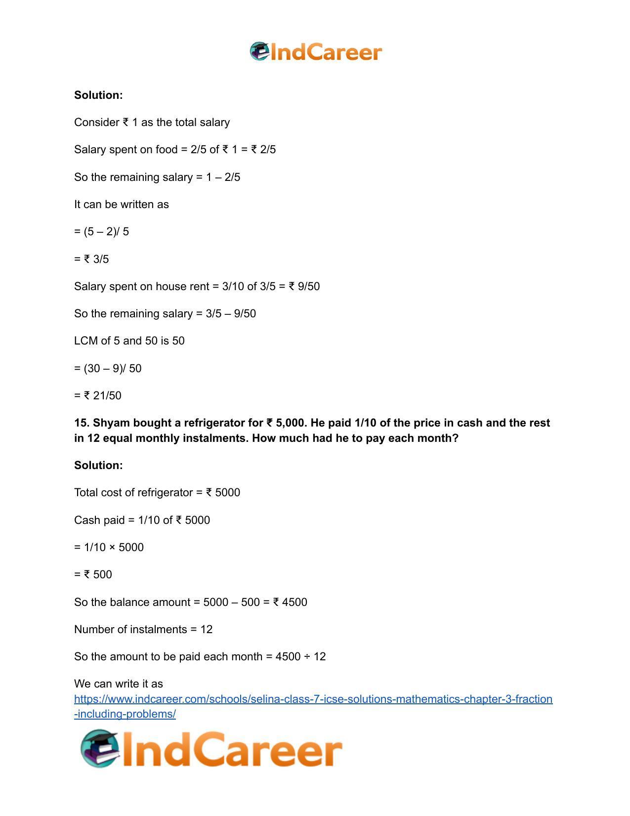Selina Class 7 ICSE Solutions Mathematics : Chapter 3- Fraction (Including Problems) - Page 119