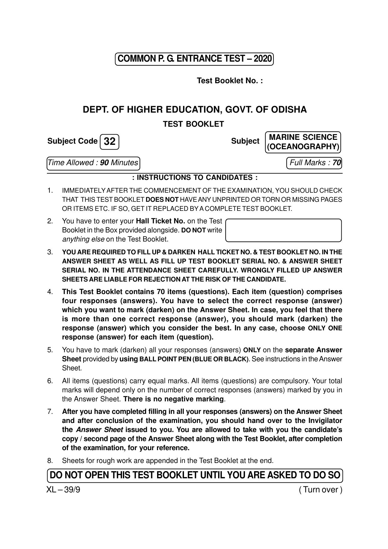 Odisha CPET MARINE SCIENCE (OCEANOGRAPHY) 2020 Question Paper - Page 1
