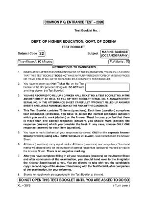 Odisha CPET MARINE SCIENCE (OCEANOGRAPHY) 2020 Question Paper