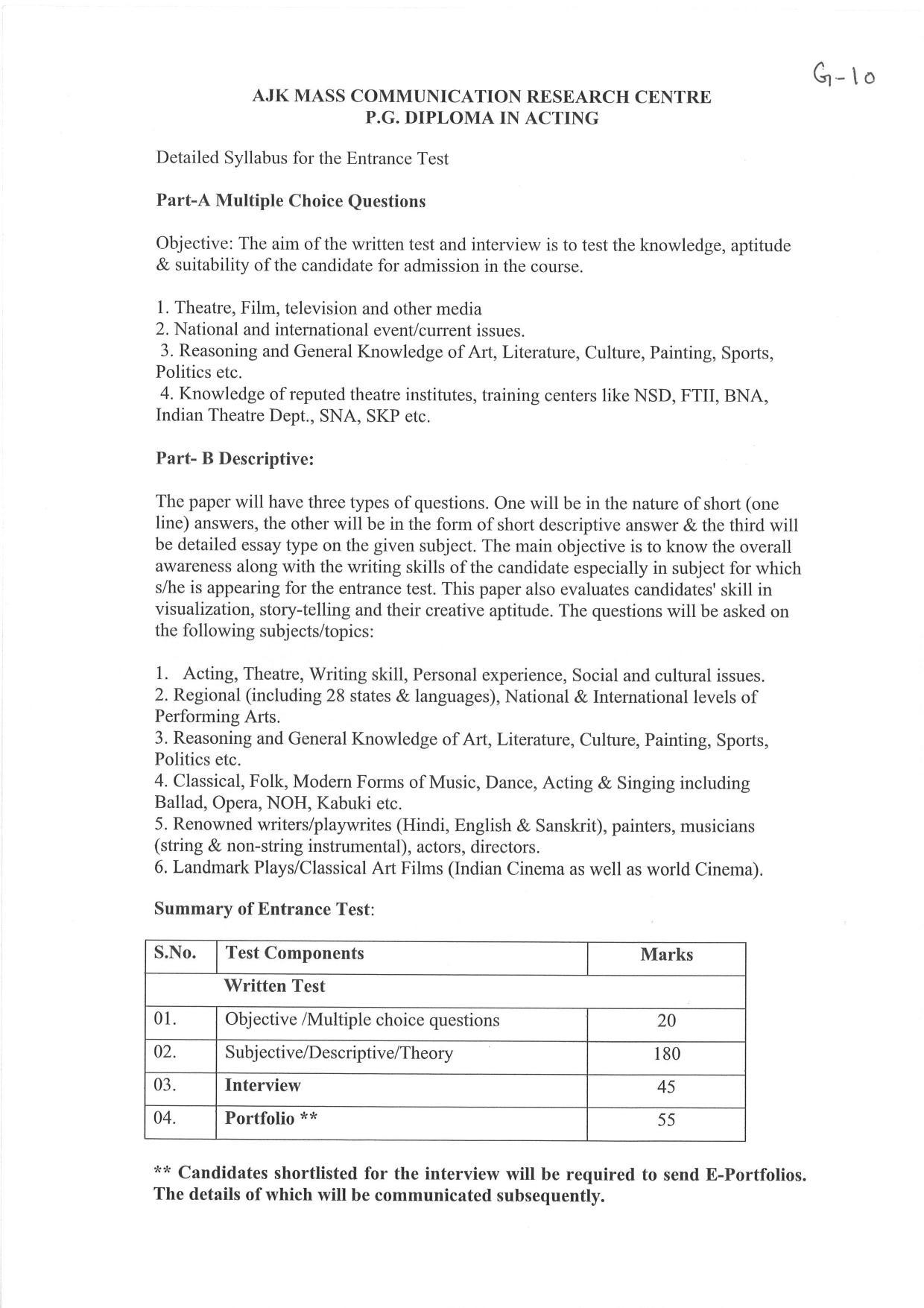 JMI Entrance Exam G10-P.G Diploma in Acting(Self Financed) Syllabus - Page 1