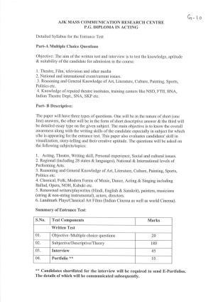 JMI Entrance Exam G10-P.G Diploma in Acting(Self Financed) Syllabus