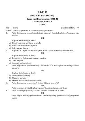 Bilaspur University Question Paper 2021-2022:B. Sc. Part-II (Two) Computer Science Paper 1