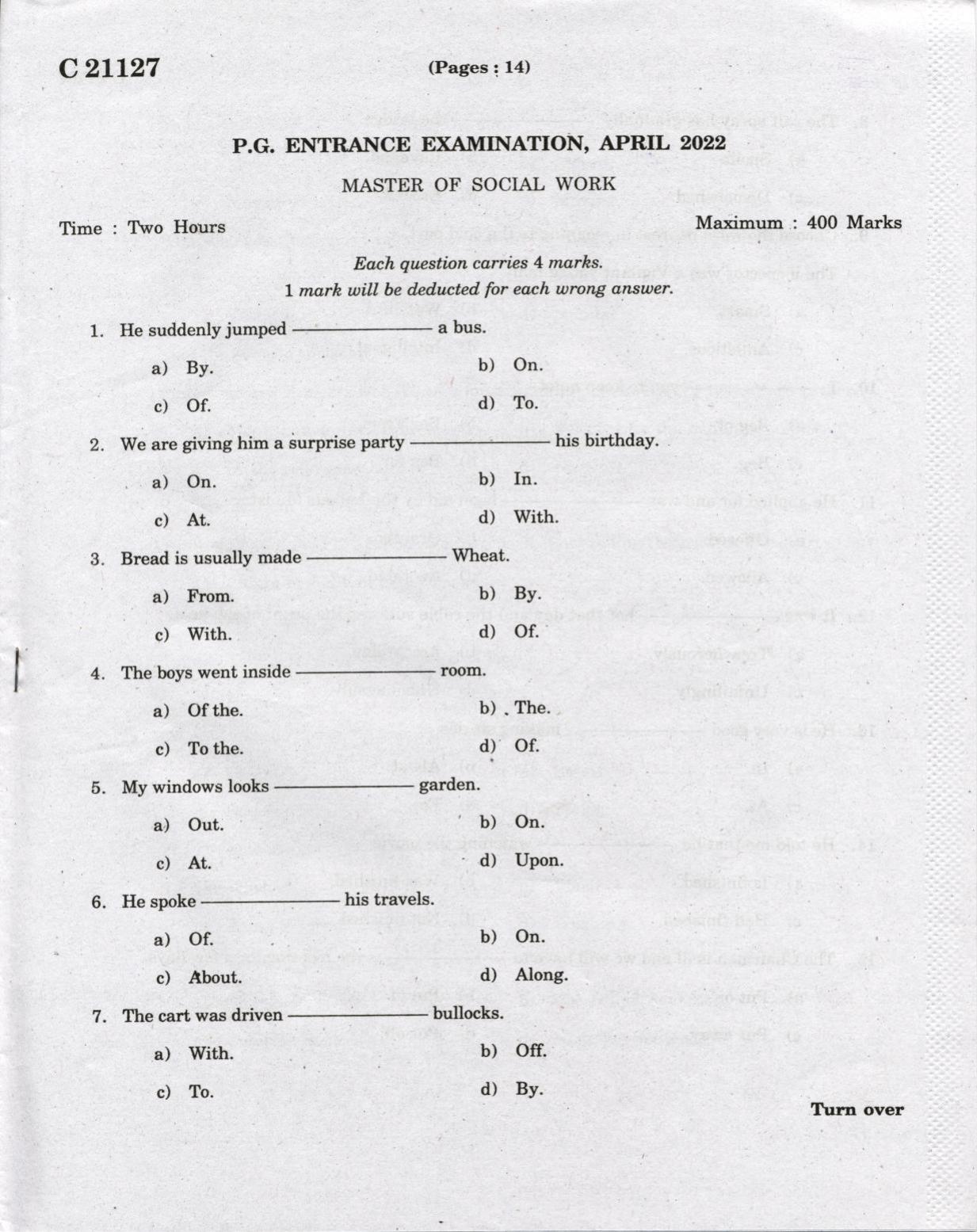 CUCAT 2022 Master of Social Works (MSW) Question Paper - Page 1