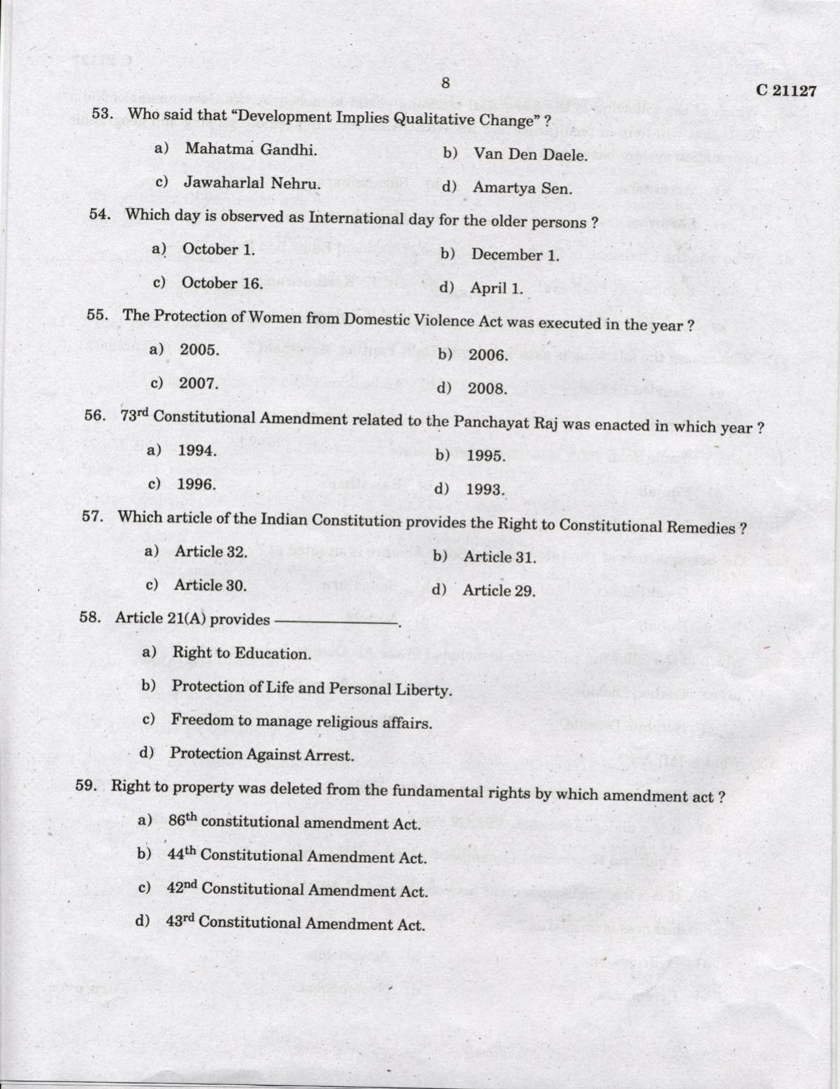 CUCAT 2022 Master of Social Works (MSW) Question Paper - Page 8
