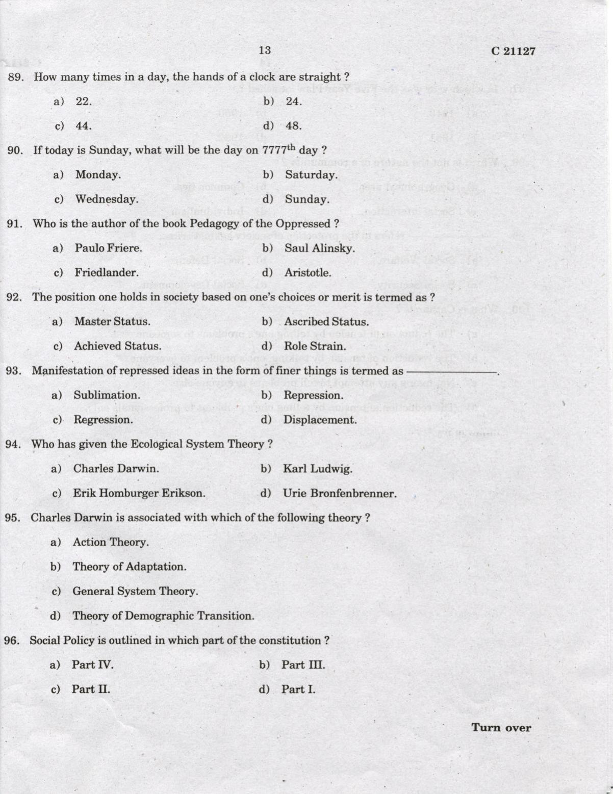 CUCAT 2022 Master of Social Works (MSW) Question Paper - Page 13