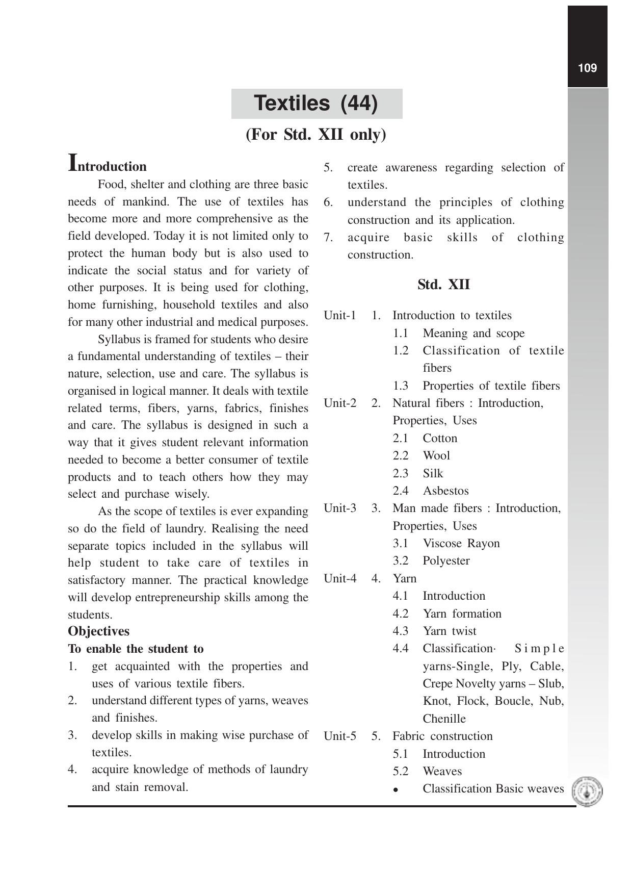 Maharashtra HSC Textiles Syllabus - Page 1