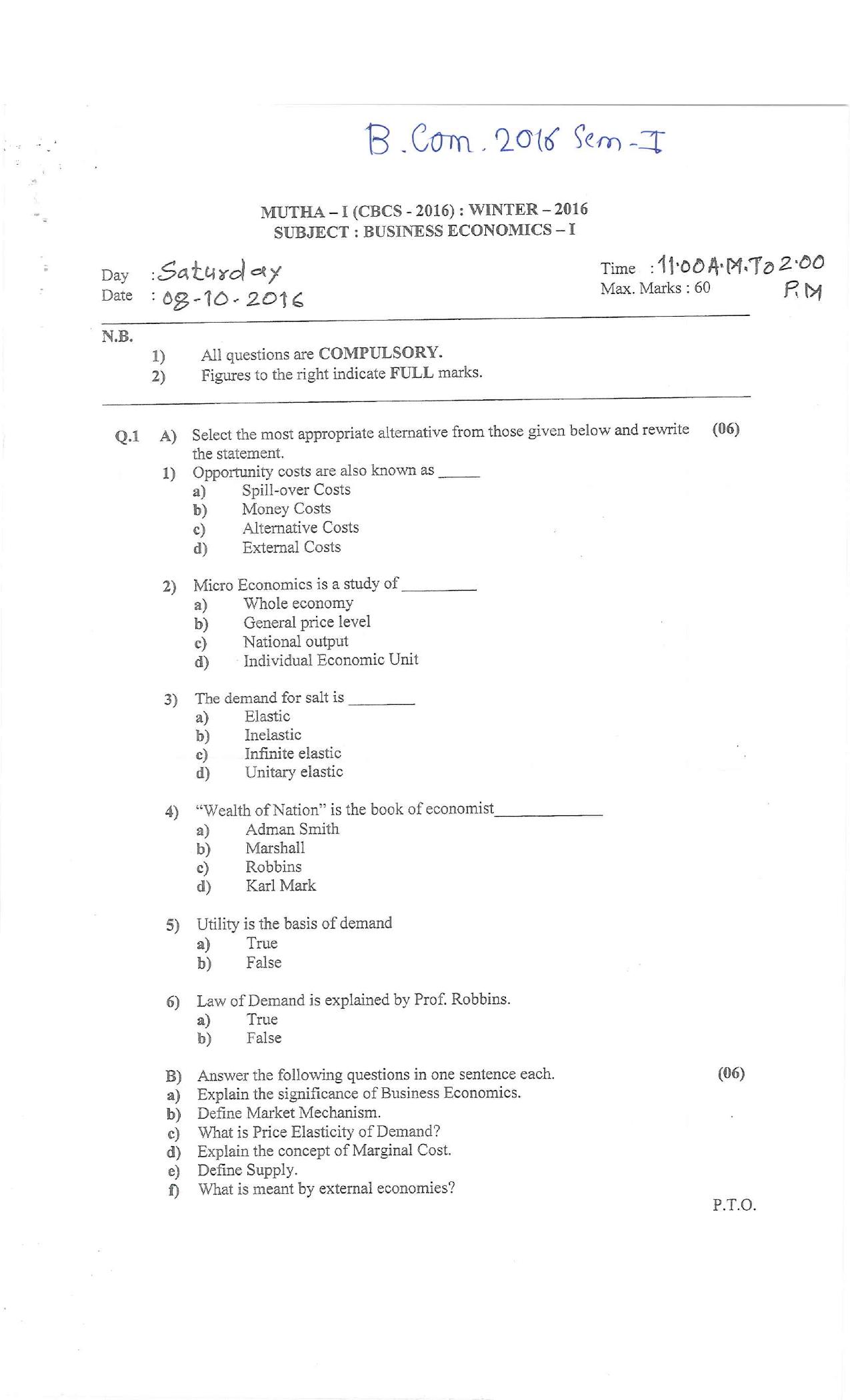 Bharati Vidyapeeth B.COM 2016 COURSE (SEM – I) File Question Paper - Page 1