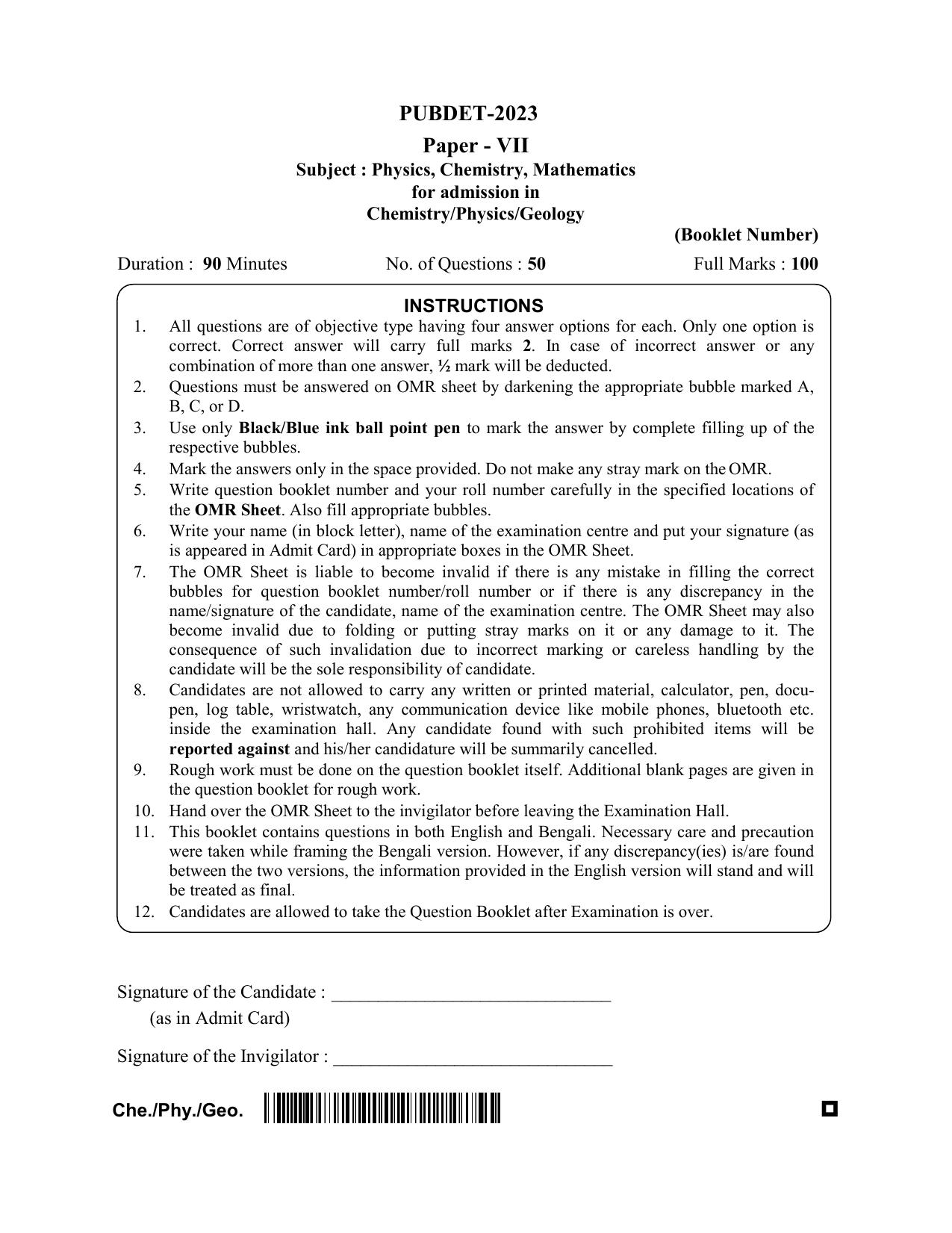 WB PUBDET 2023 Paper VII (Chemistry Physics Geology) Question Paper - Page 1