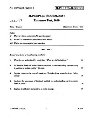IGNOU PhD Entrance Test M.Phil/Ph.D (Sociology) 2018 Question Paper