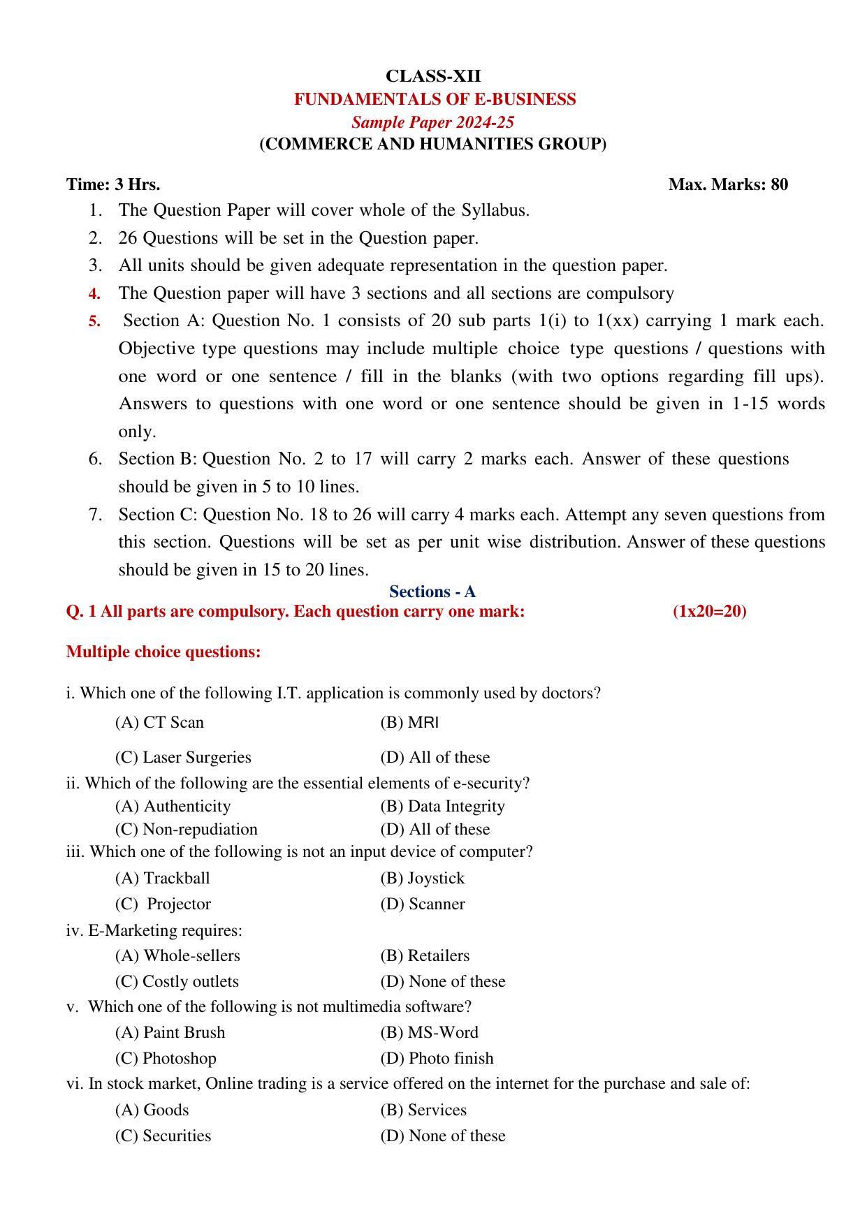 PSEB 12th Fundamentals of E-Business Model Paper 2025 - Page 1