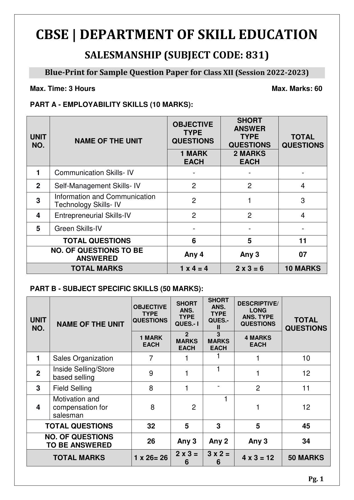 CBSE Class 10 Salesmanship (Skill Education) Sample Papers 2023 - Page 1
