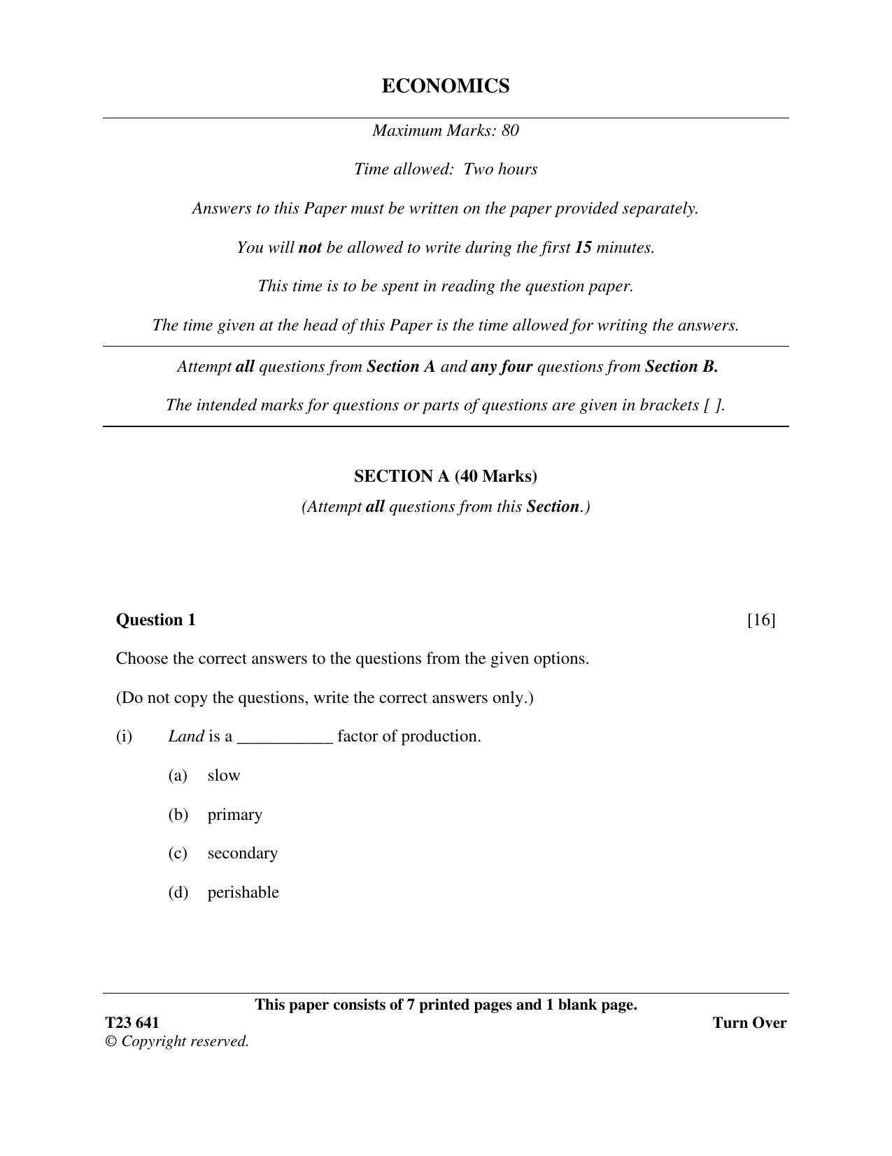 ICSE Class 10 ECONOMICS 2023 Question Paper - Page 1