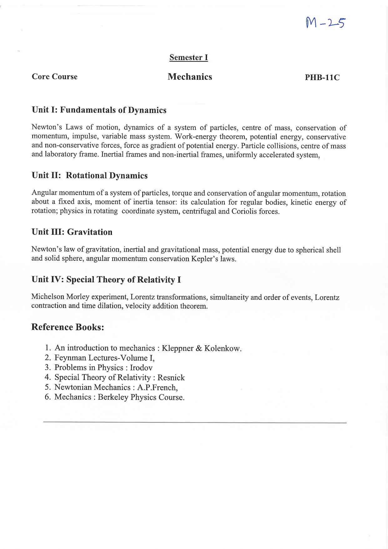 JMI Entrance Exam M25-M.Sc. (Physics) Syllabus - Page 1