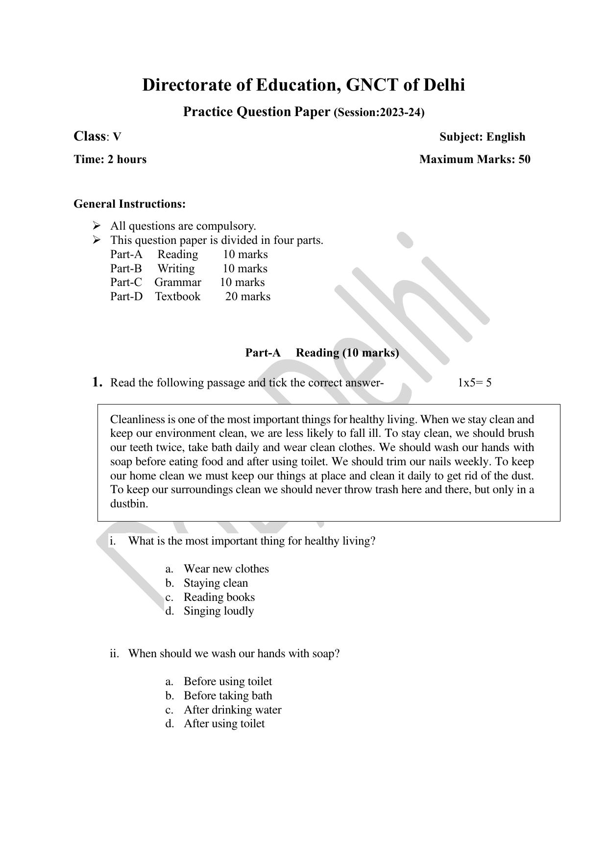 Edudel Class 5 English (2023-24) Practice Paper 1 - Page 1