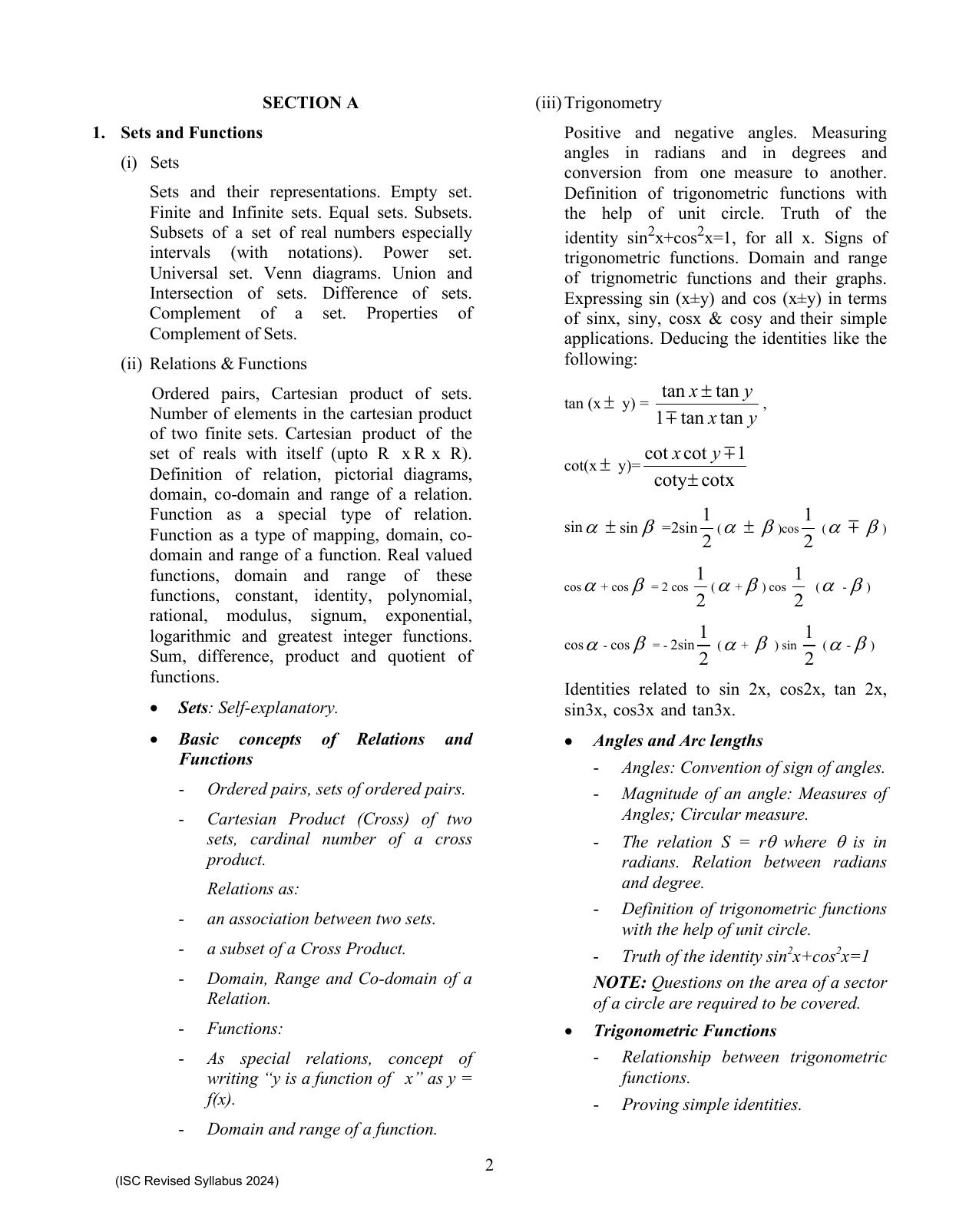 ISC Class XI Mathematics 2025 Syllabus - Page 2