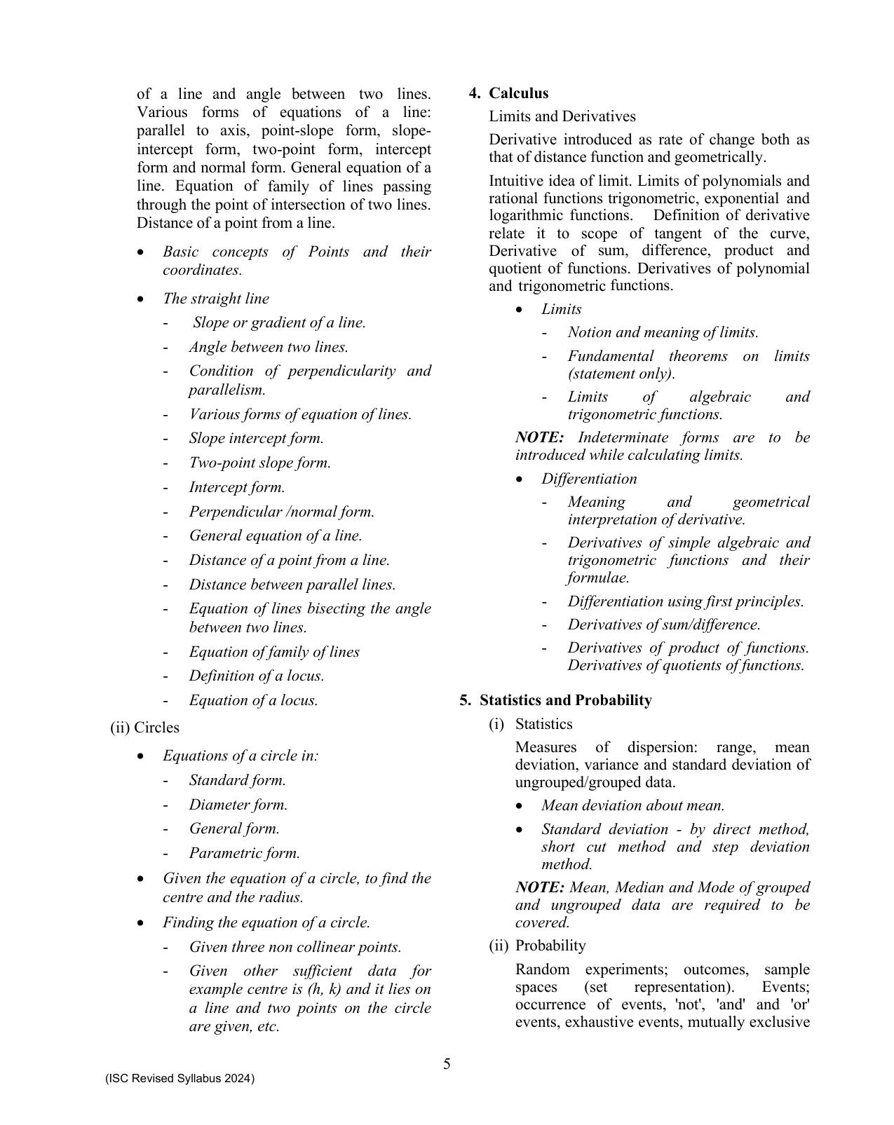 ISC Class XI Mathematics 2025 Syllabus - Page 5