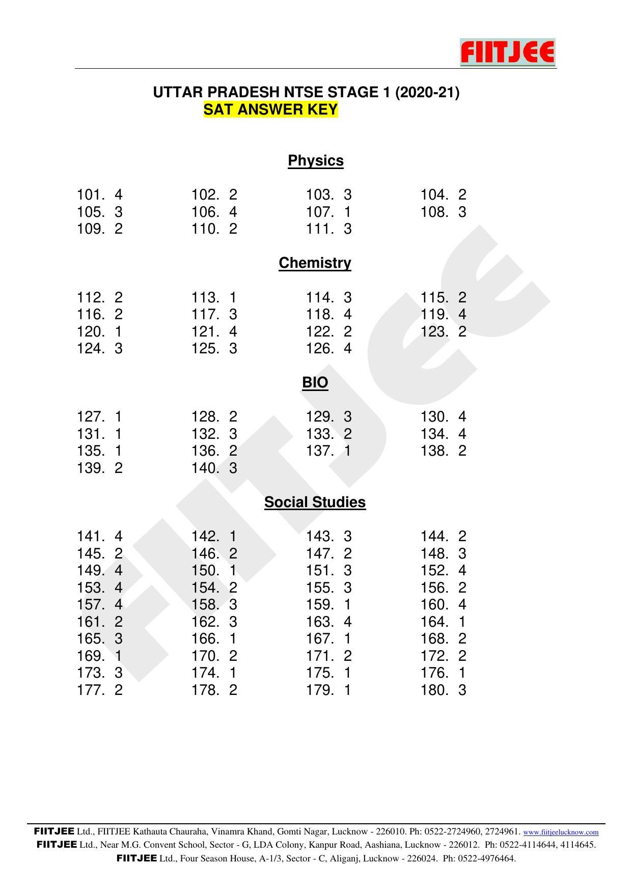 Uttar Pradesh NTSE 2021 SAT Answer Key - Page 1