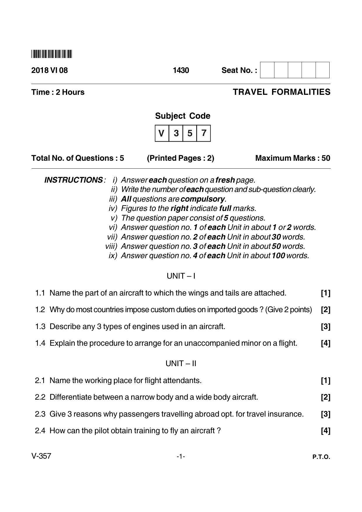 Goa Board Class 12 Travel Formalities  Voc 357 (June 2018) Question Paper - Page 1