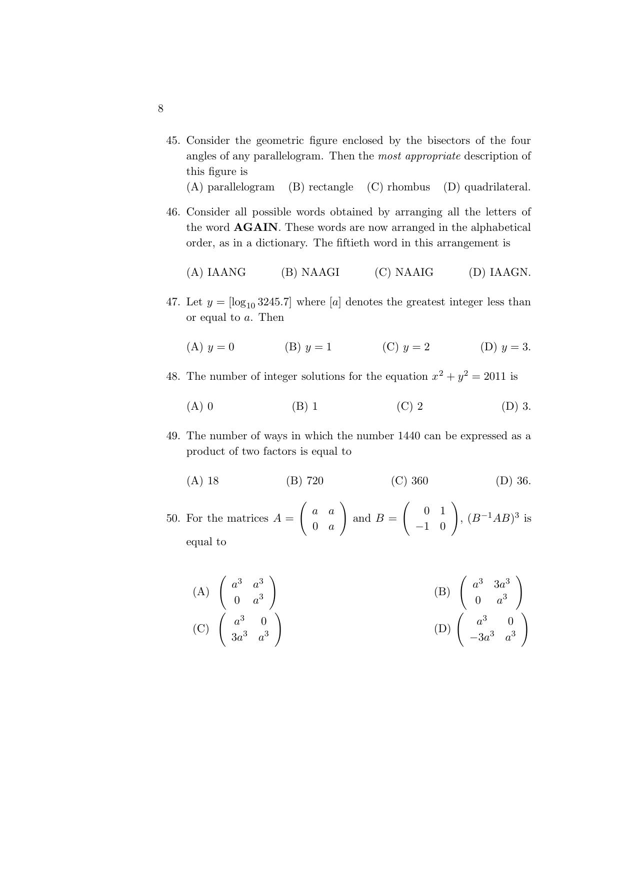 ISI Admission Test PG Diploma in Statistical Methods and Analytics DST 2016 Sample Paper - Page 8