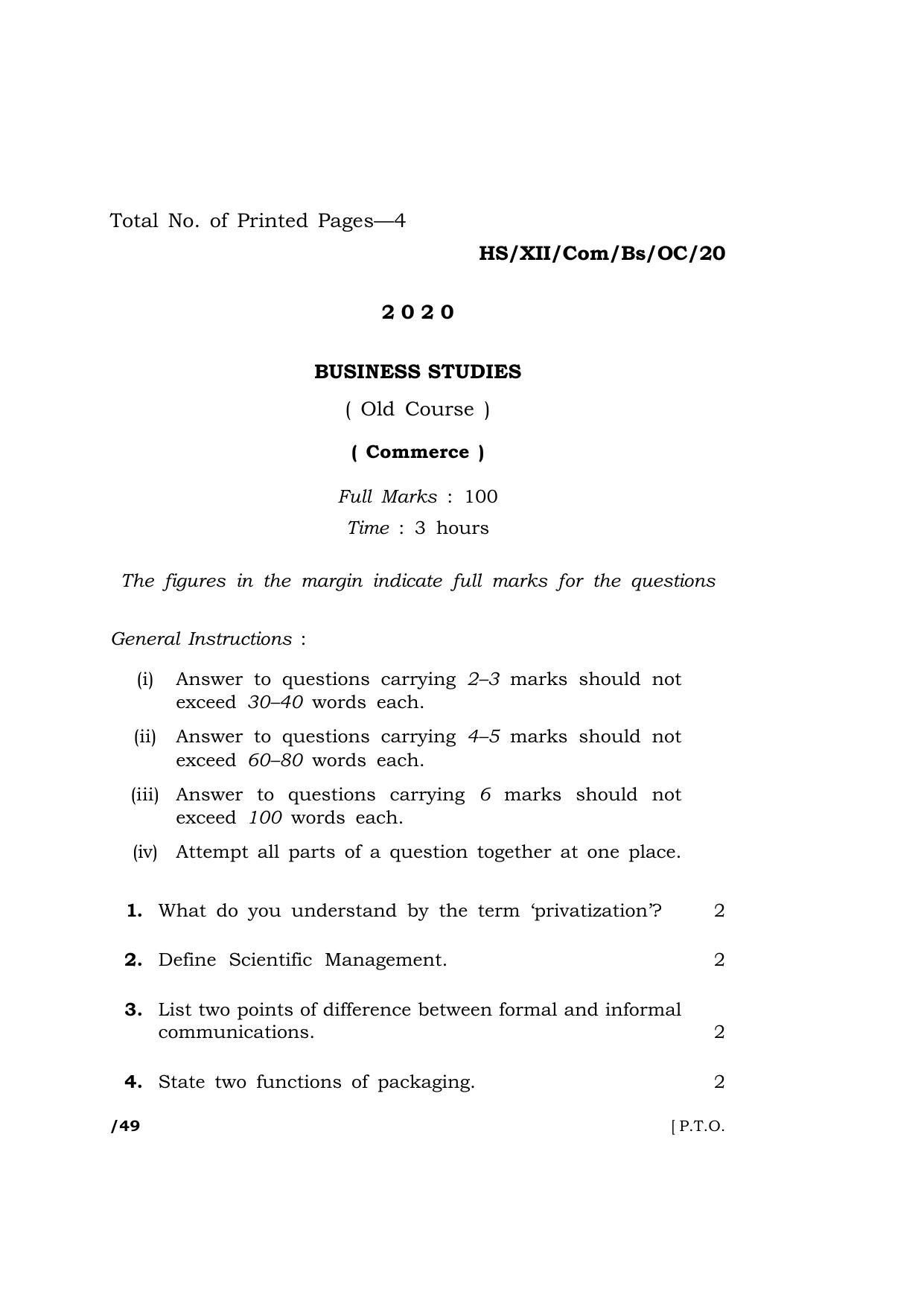 Meghalaya Board (MBOSE) Class 12 BUSINESS STUDIES ( Old Course ) 2020 Question Paper - Page 1