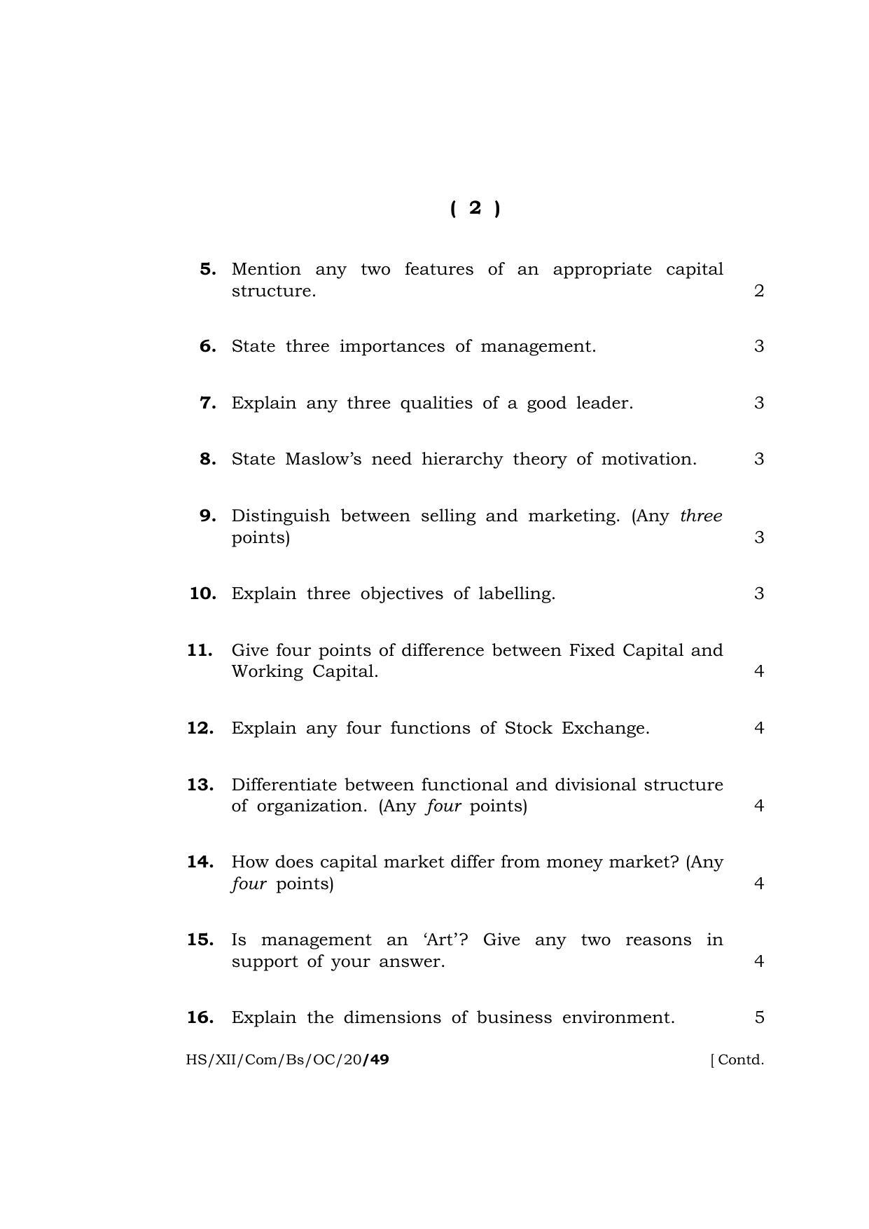 Meghalaya Board (MBOSE) Class 12 BUSINESS STUDIES ( Old Course ) 2020 Question Paper - Page 2