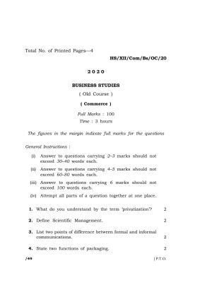 Meghalaya Board (MBOSE) Class 12 BUSINESS STUDIES ( Old Course ) 2020 Question Paper