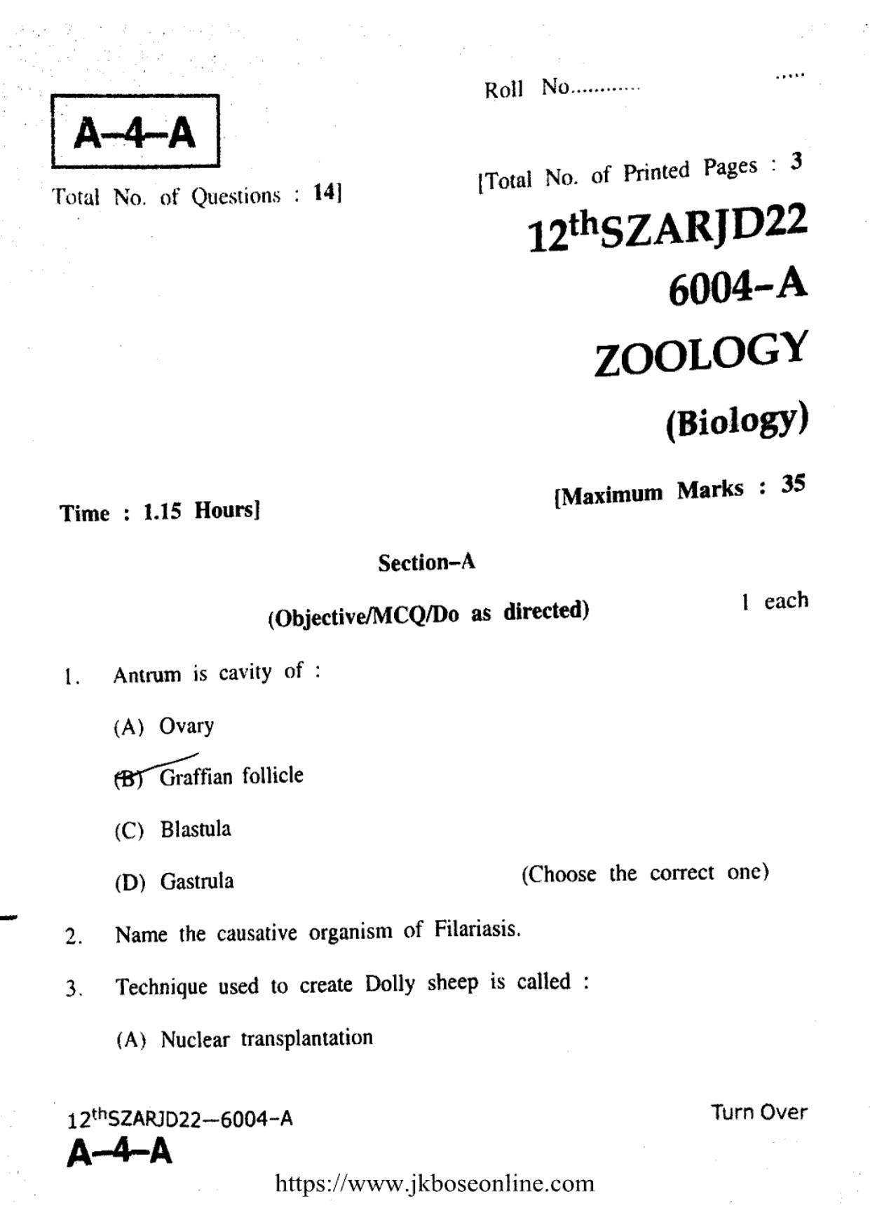 JKBOSE Class 12 Biology-Zoology 6004-A Question Papers 2022 - Page 1