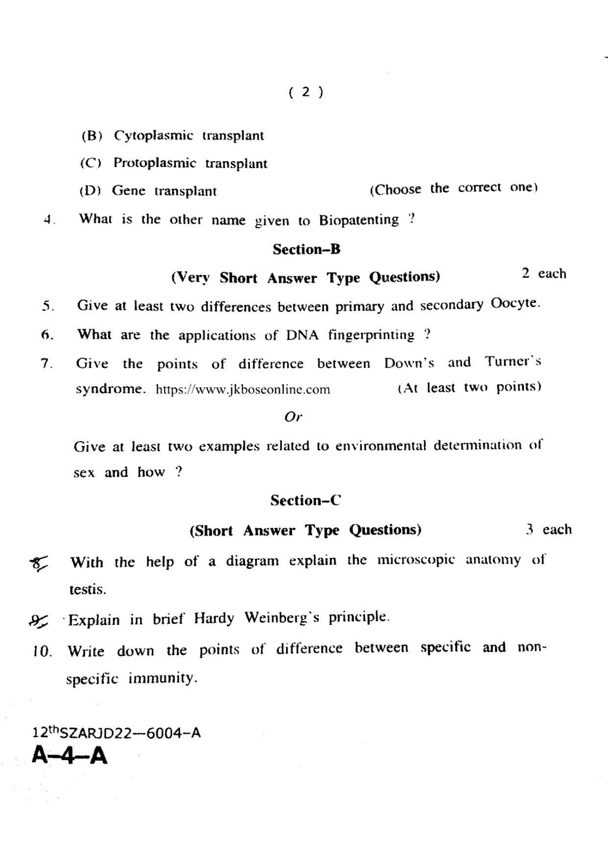 JKBOSE Class 12 Biology-Zoology 6004-A Question Papers 2022 - Page 2