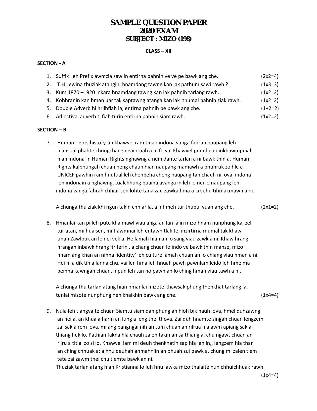 CBSE Class 12 Mizo -Sample Paper 2019-20 - Page 1