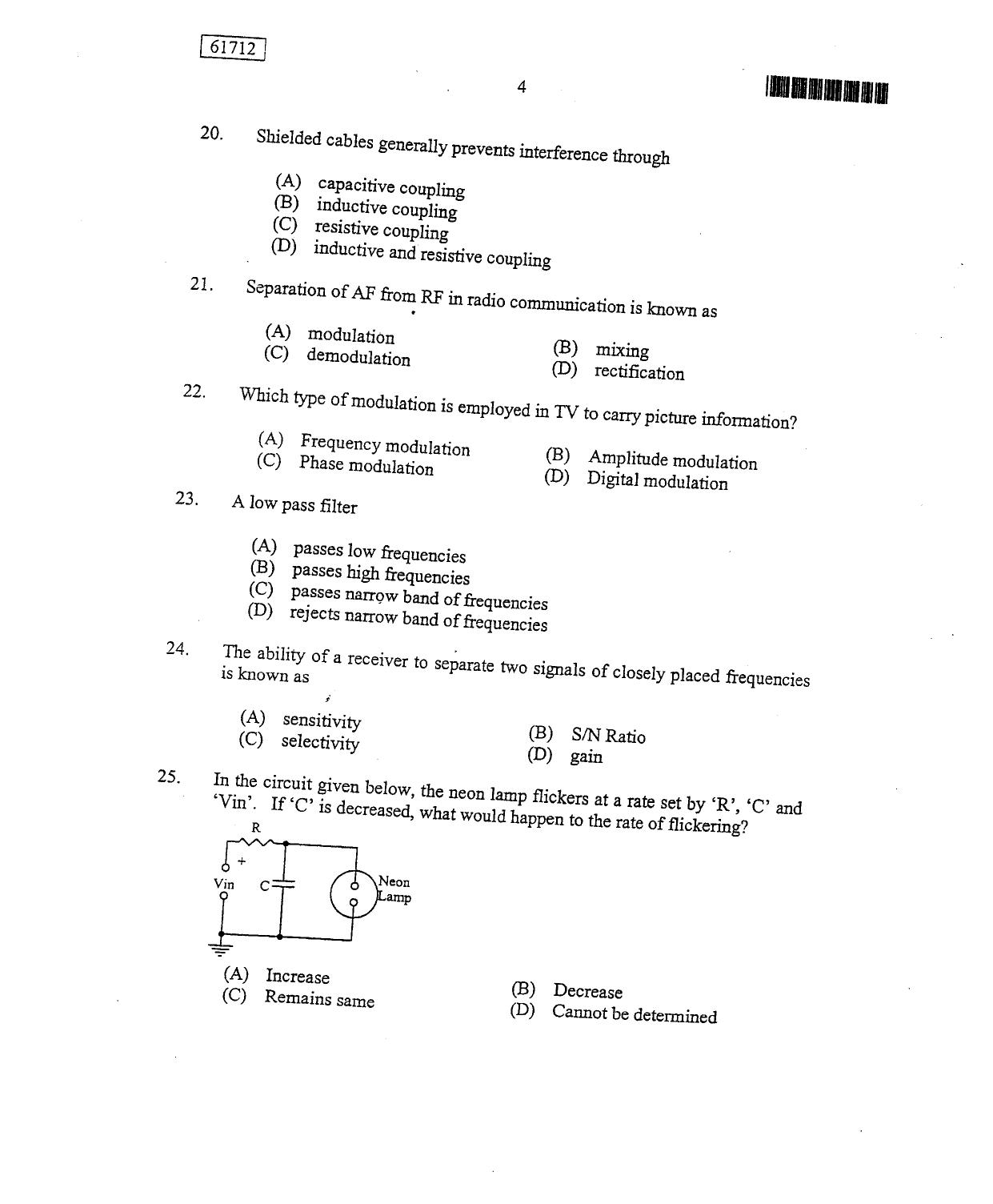 CUSAT CAT 2012 Instrumentation Question Paper - Page 5