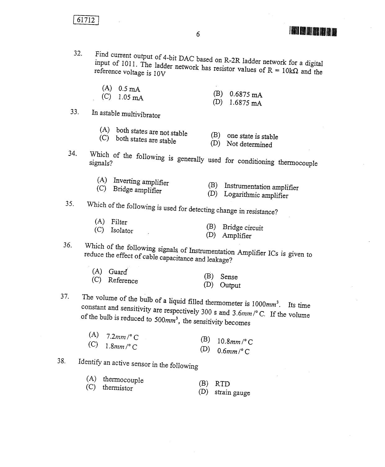 CUSAT CAT 2012 Instrumentation Question Paper - Page 7