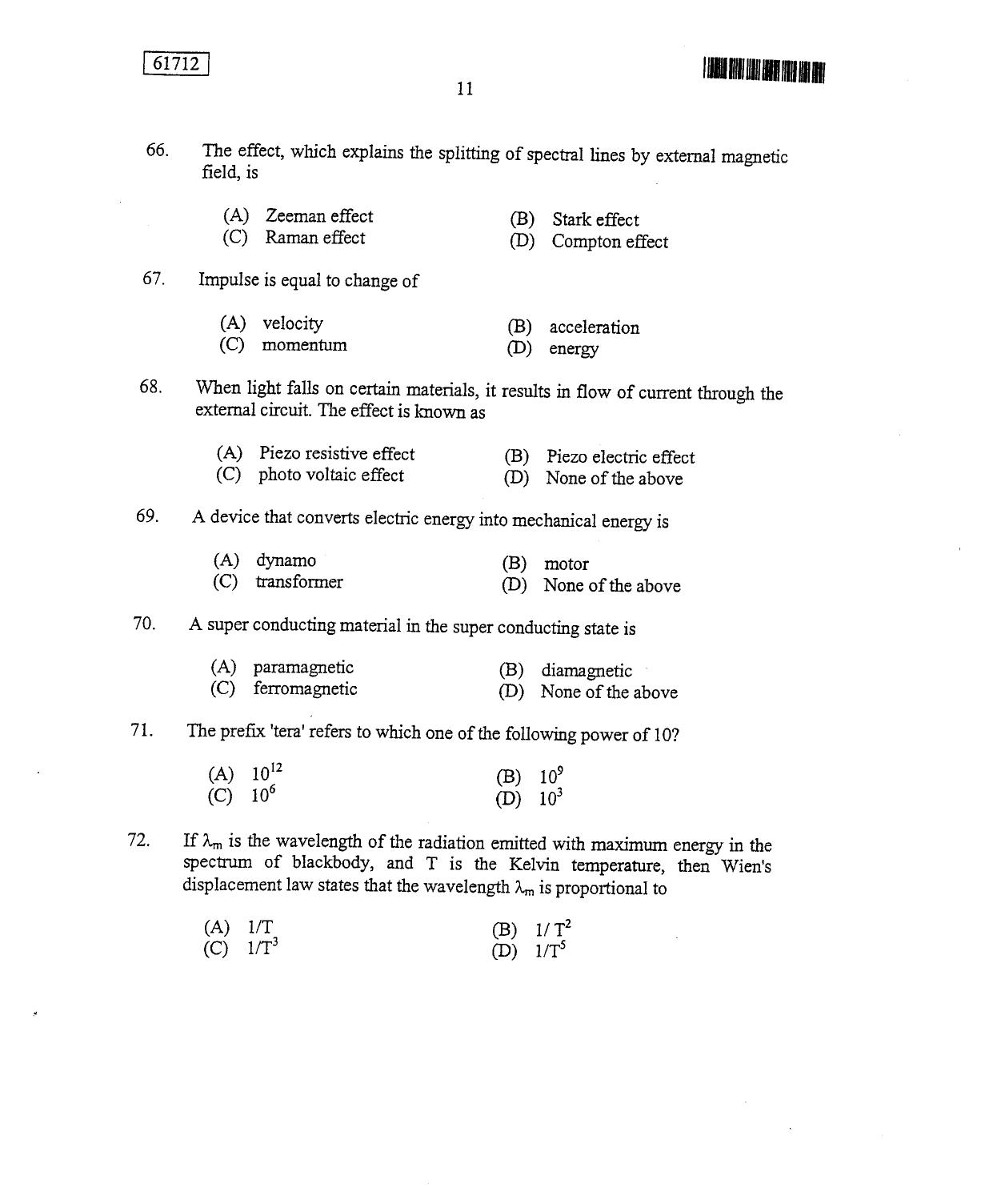 CUSAT CAT 2012 Instrumentation Question Paper - Page 12