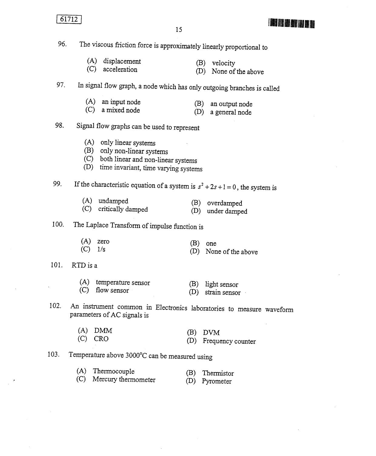 CUSAT CAT 2012 Instrumentation Question Paper - Page 16