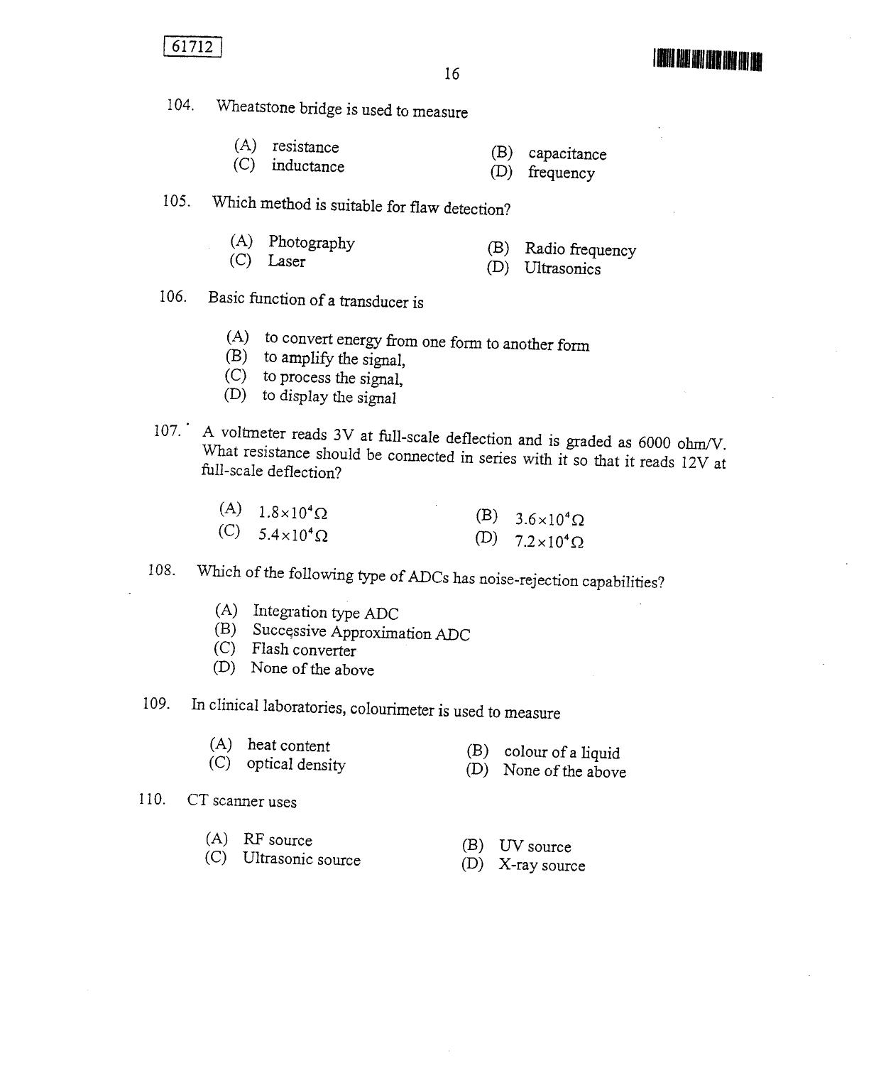 CUSAT CAT 2012 Instrumentation Question Paper - Page 17