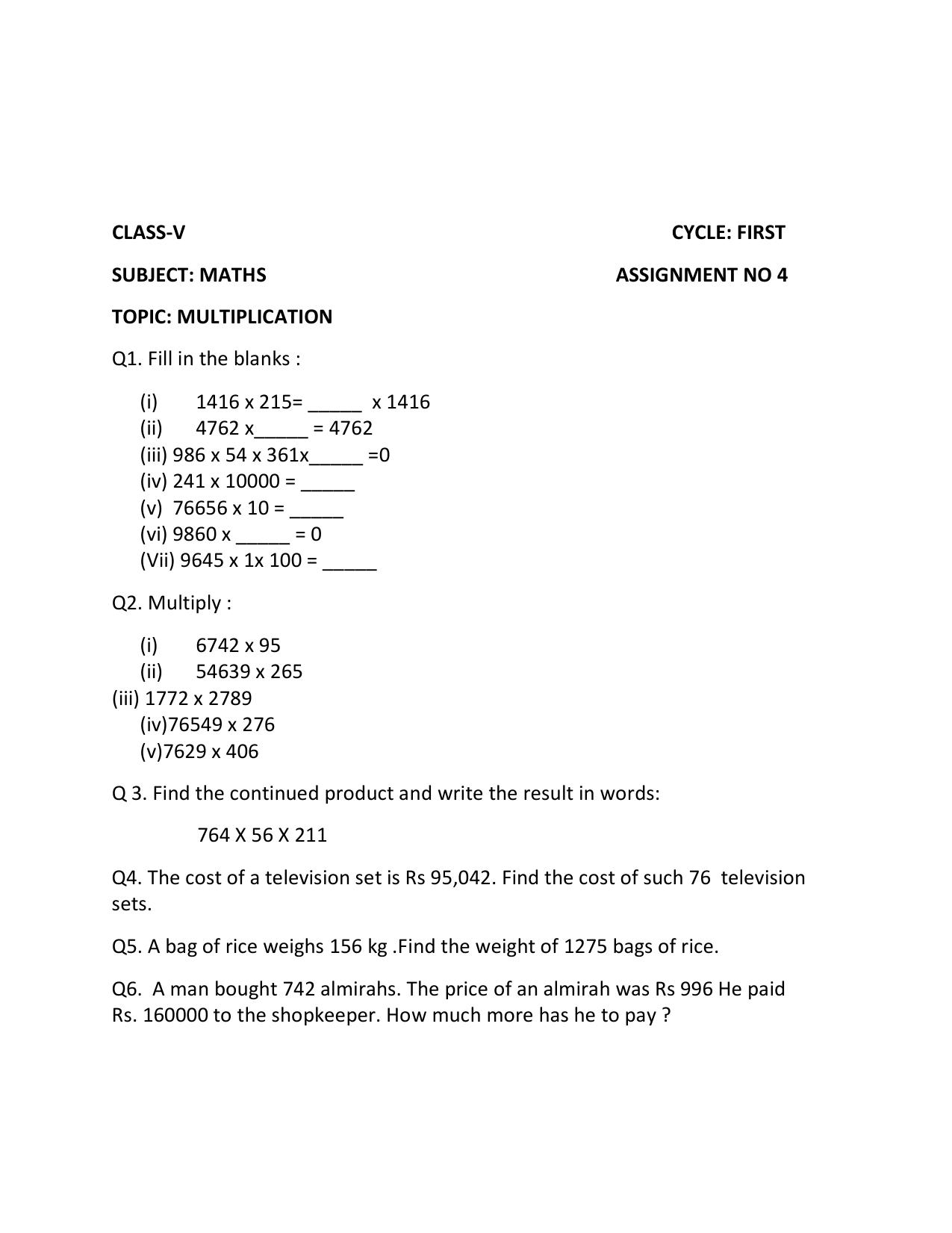 Worksheet for Class 5 Maths Assignment 23 - Page 1