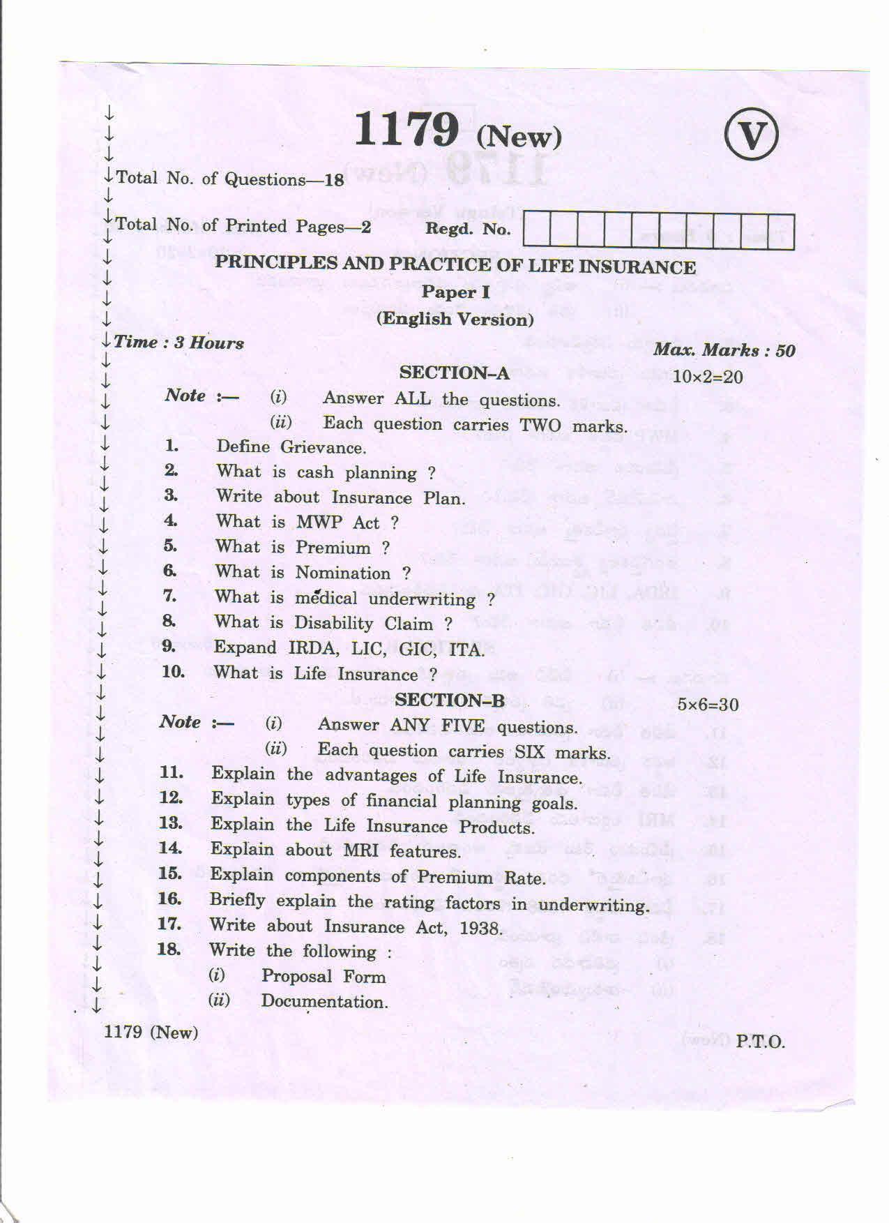 AP Inter 2nd Year Vocational Question Paper March - 2020 - Principles Practice of Life Insurance - I - Page 1