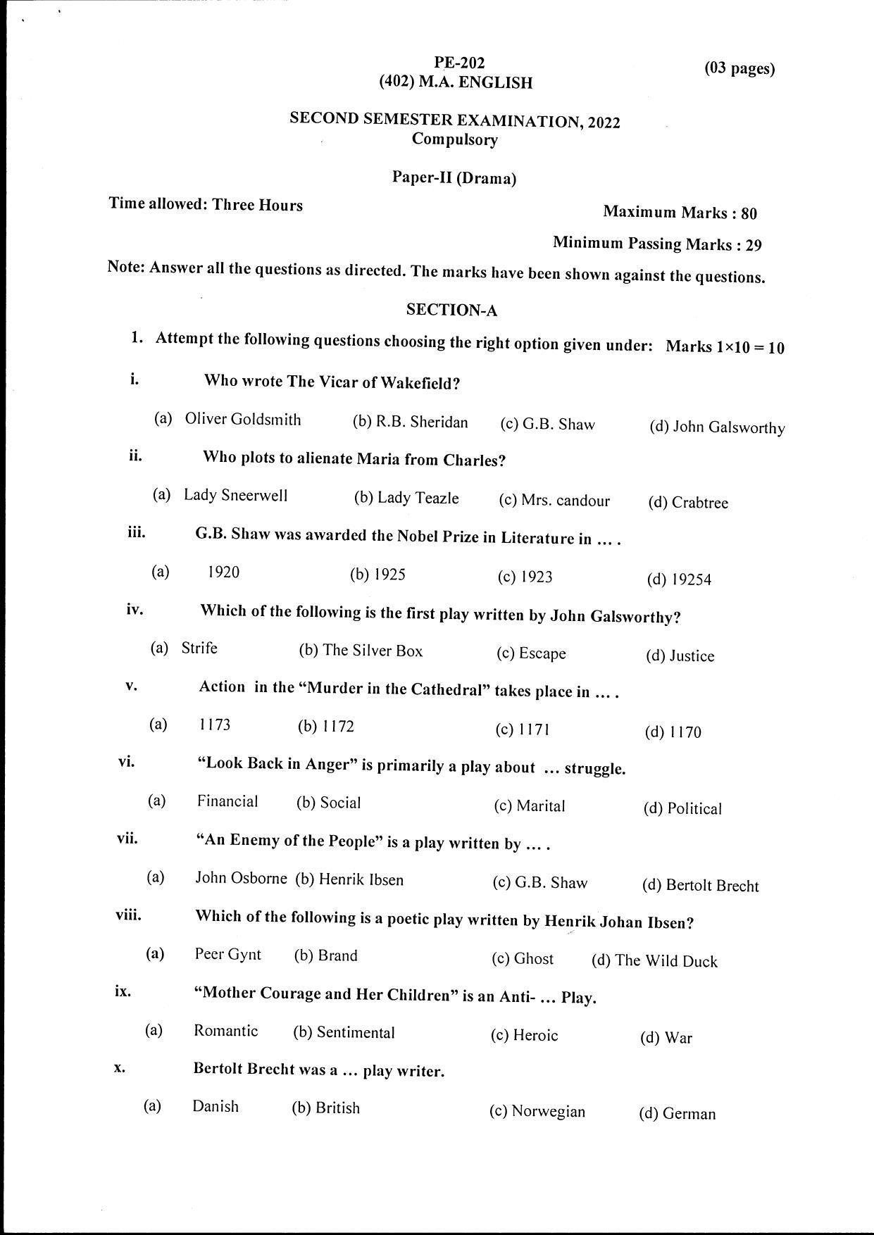 Bilaspur University Question Paper June 2022:M.A. English (Second Semester) Drama Paper 1 - Page 1