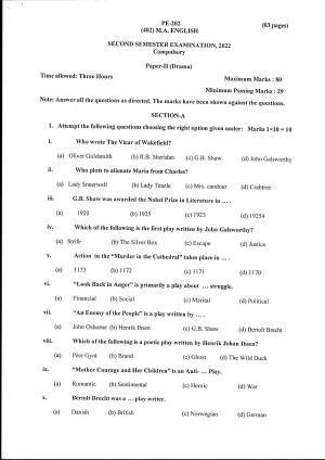 Bilaspur University Question Paper June 2022:M.A. English (Second Semester) Drama Paper 1